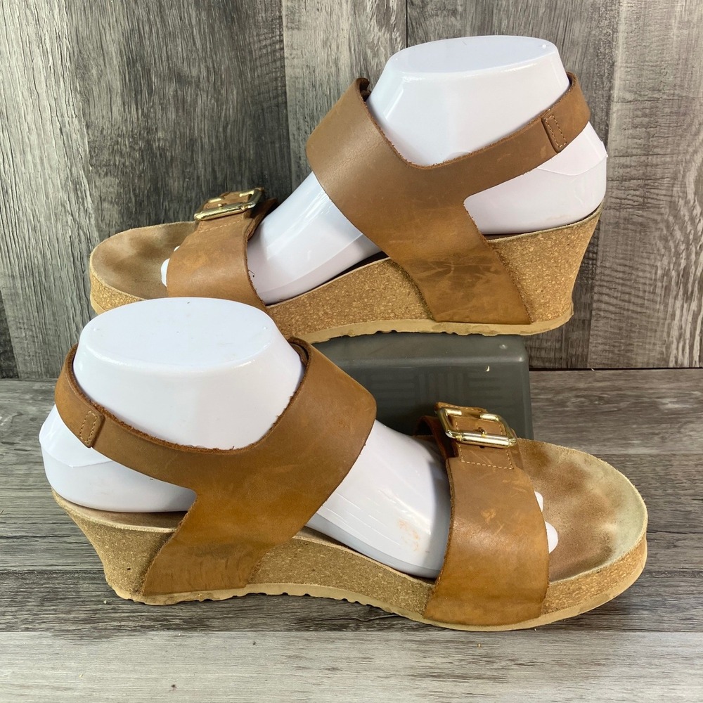 Mephisto Air-Relax Tan Leather Cork Wedge Sandals Gold Buckle Womens Size 40 - Picture 2 of 9